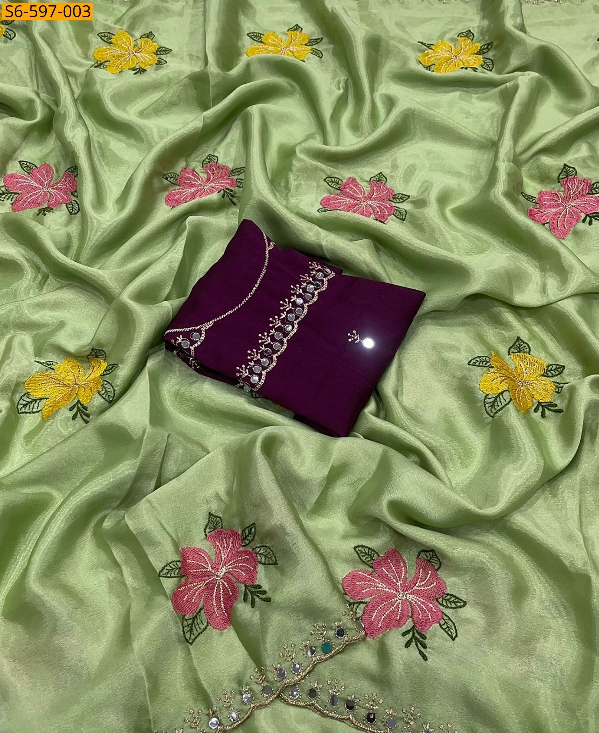 Green Soft Chinon silk saree