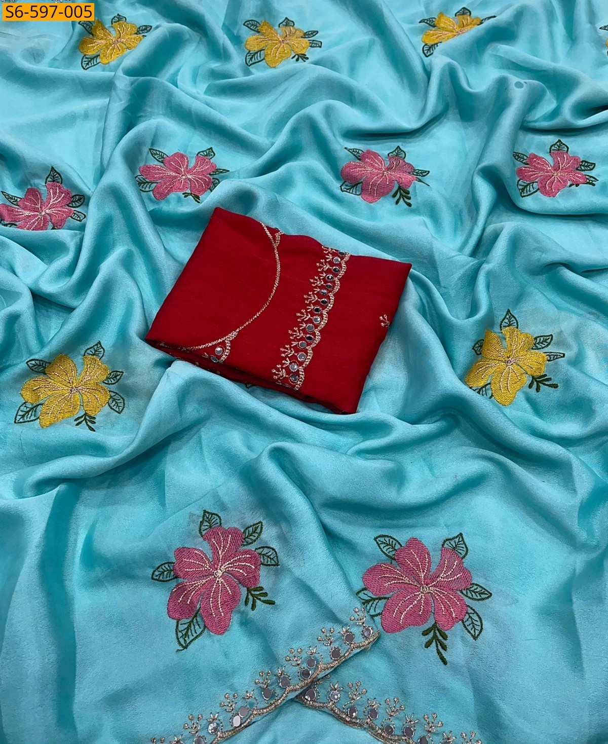 Sky Blue Soft Chinon silk saree