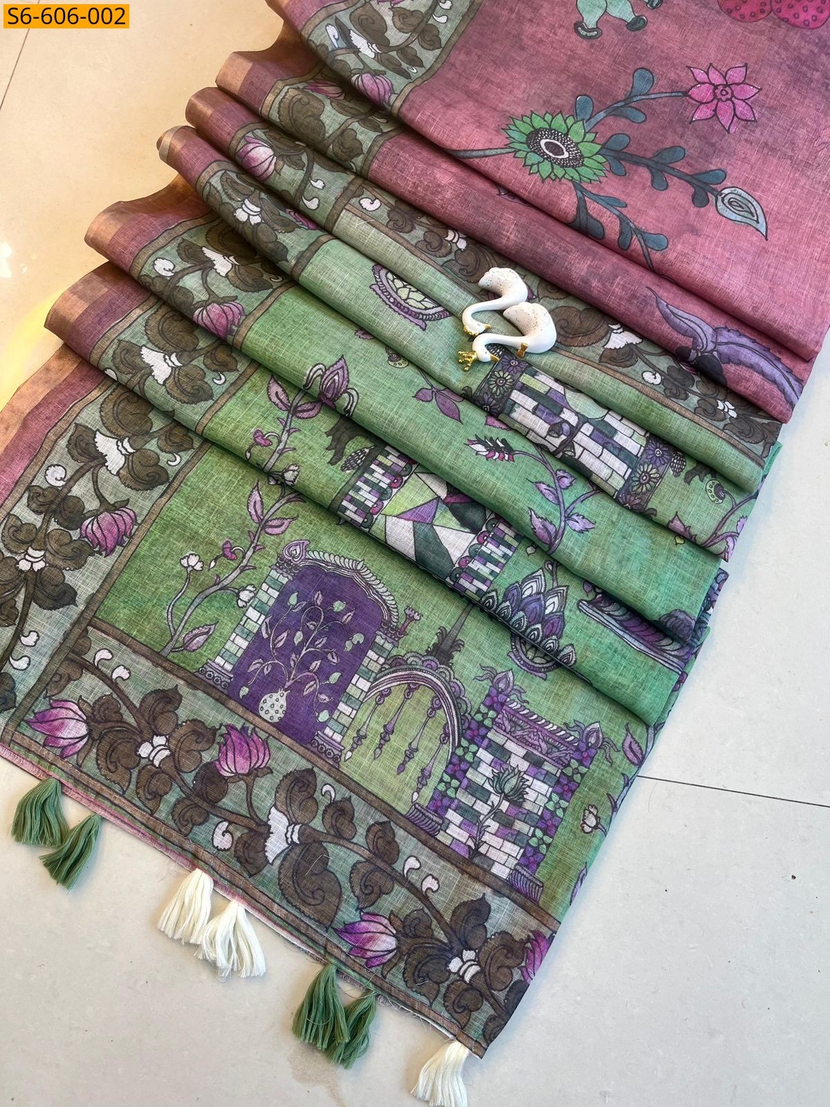 Linen cotton saree - Green