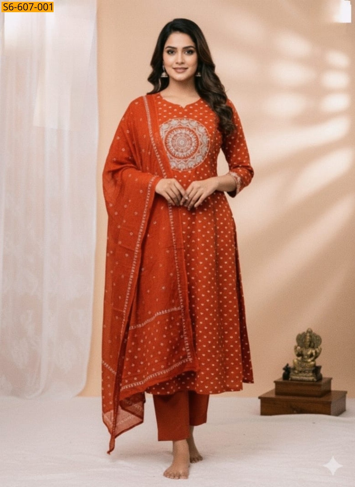 Orange Cotton kurti pant duppatta set