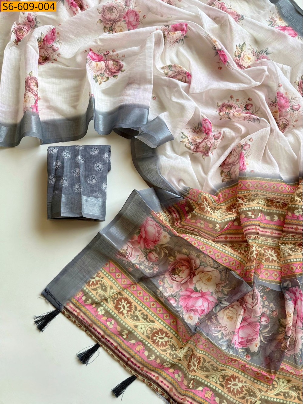 Soft linen floral printed sarees