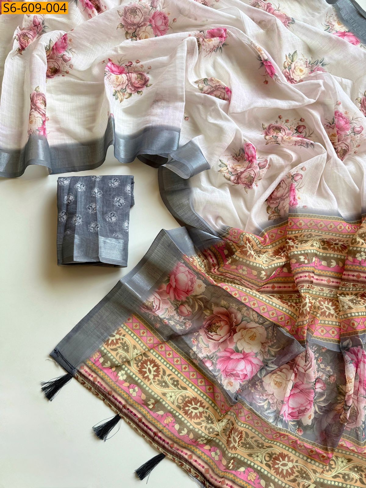 Half White Soft linen floral printed sarees