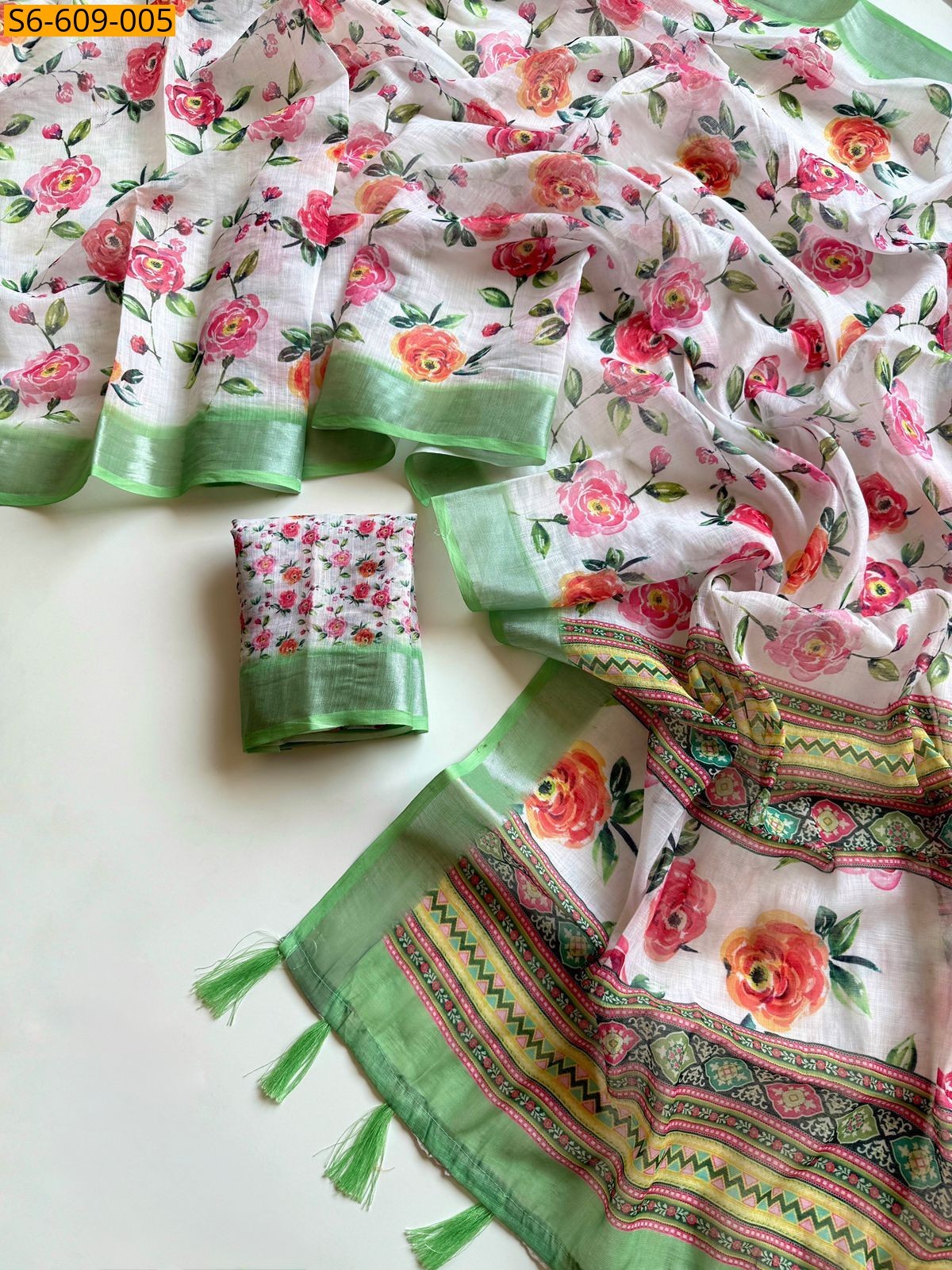 Half White Soft linen floral printed sarees