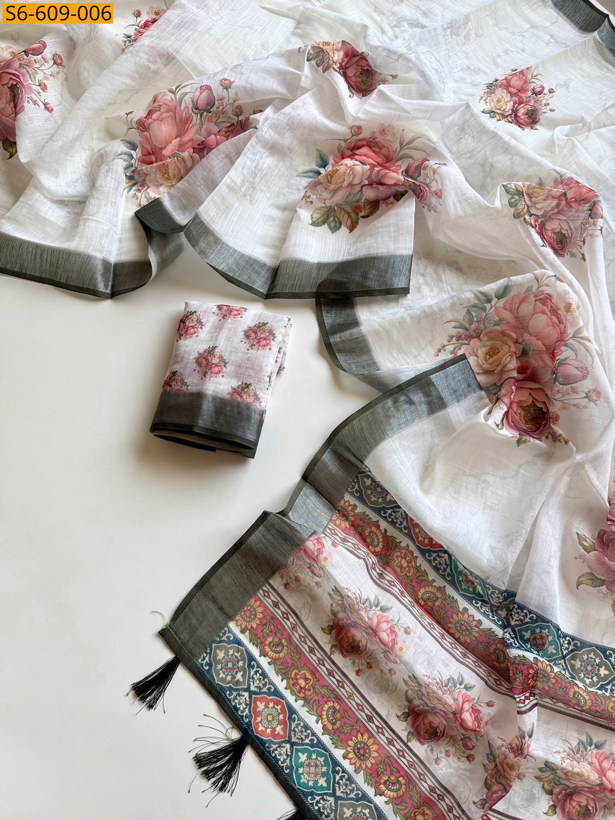 Half White Soft linen floral printed sarees