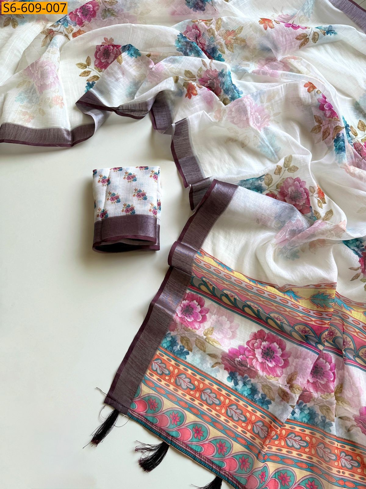 Half White Soft linen floral printed sarees