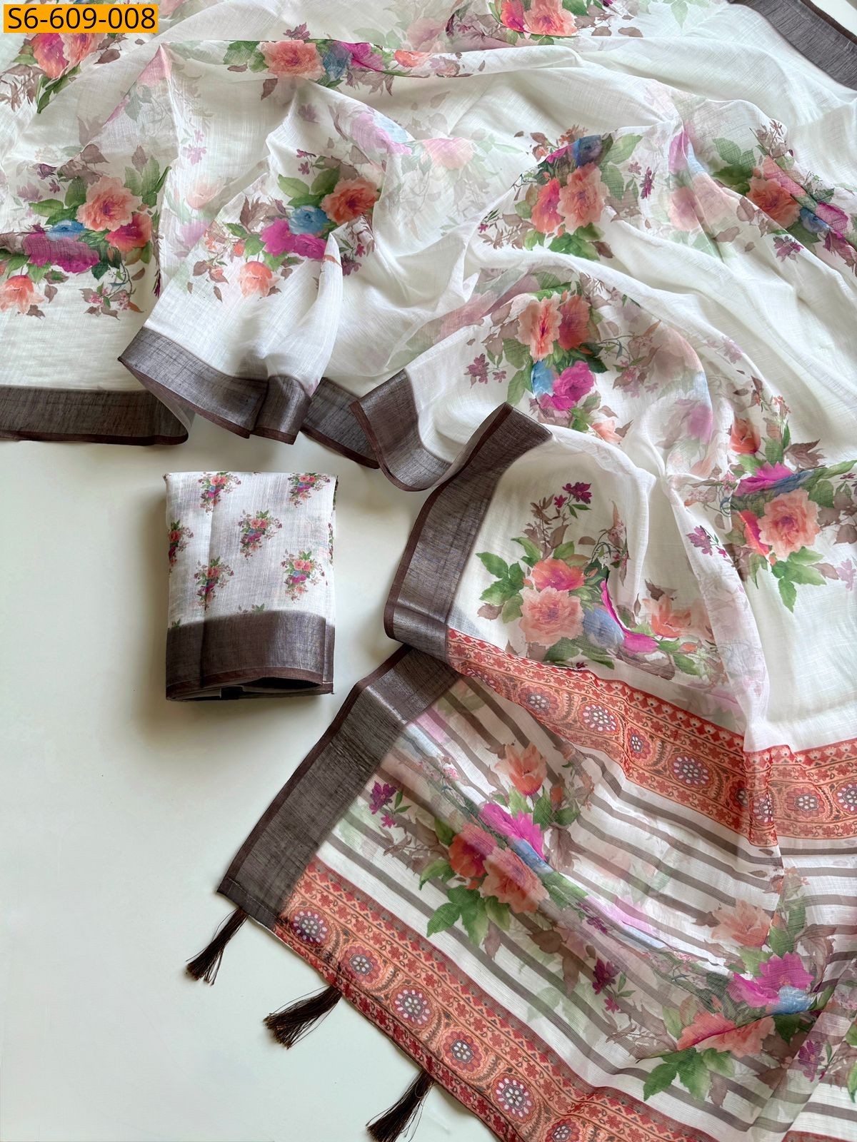 Half White Soft linen floral printed sarees