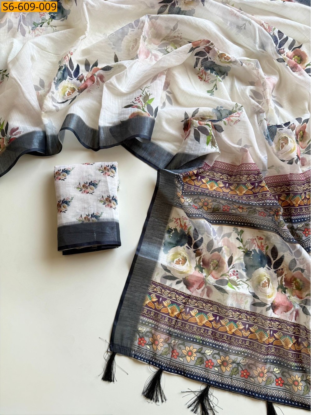 Soft linen floral printed sarees