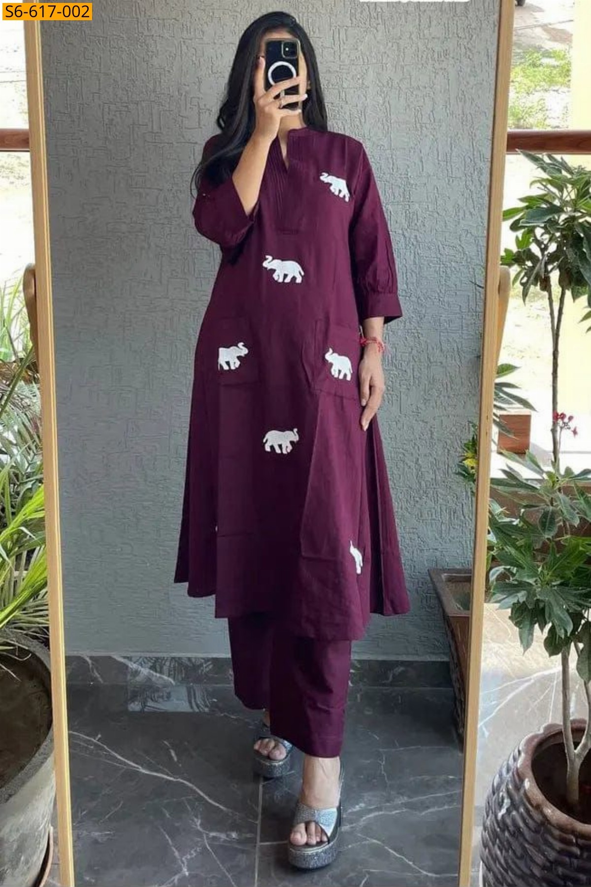 Wine Rayon Kurti Plazzo Set