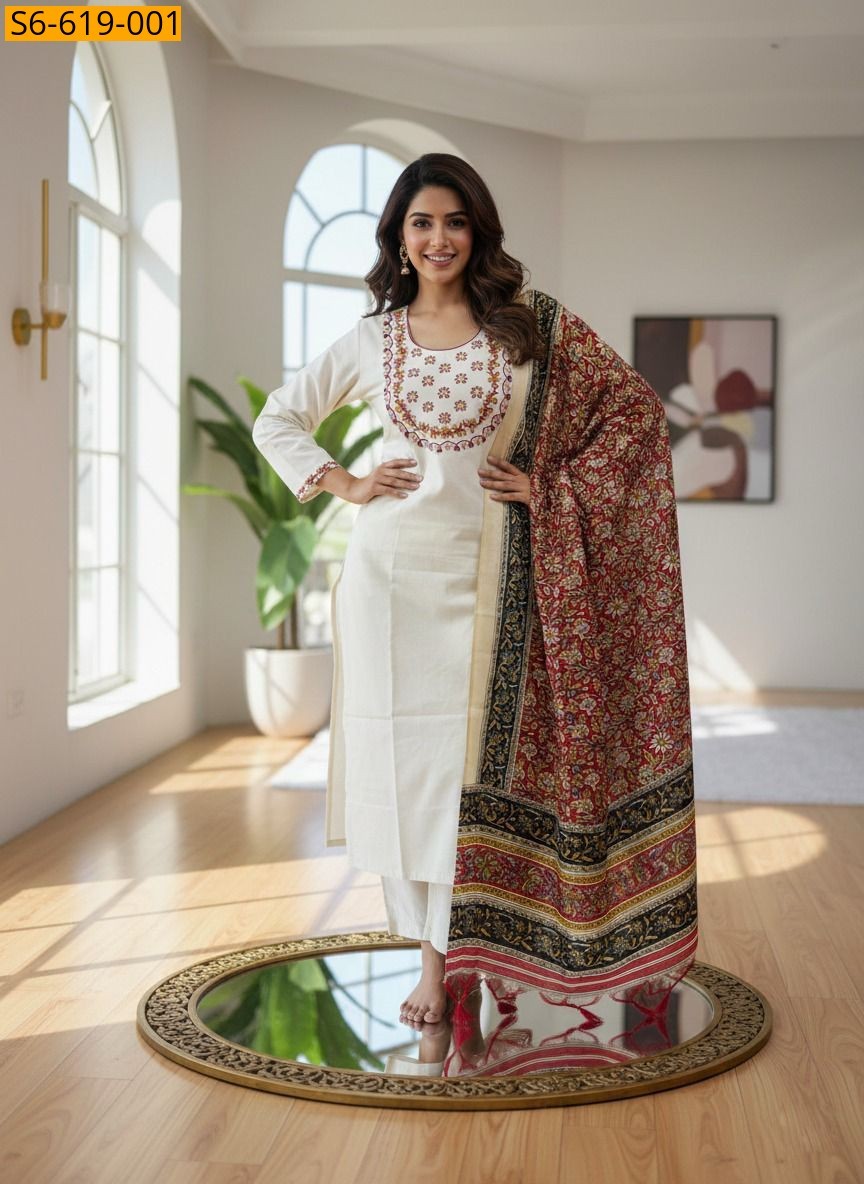 White Khadi Cotton kurti Pant Dupatta Set