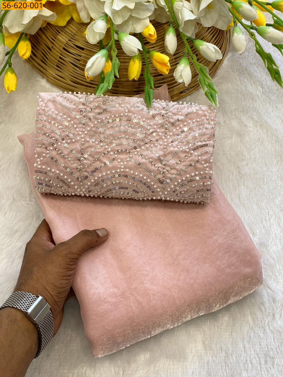 Peach Fandy Satin Saree