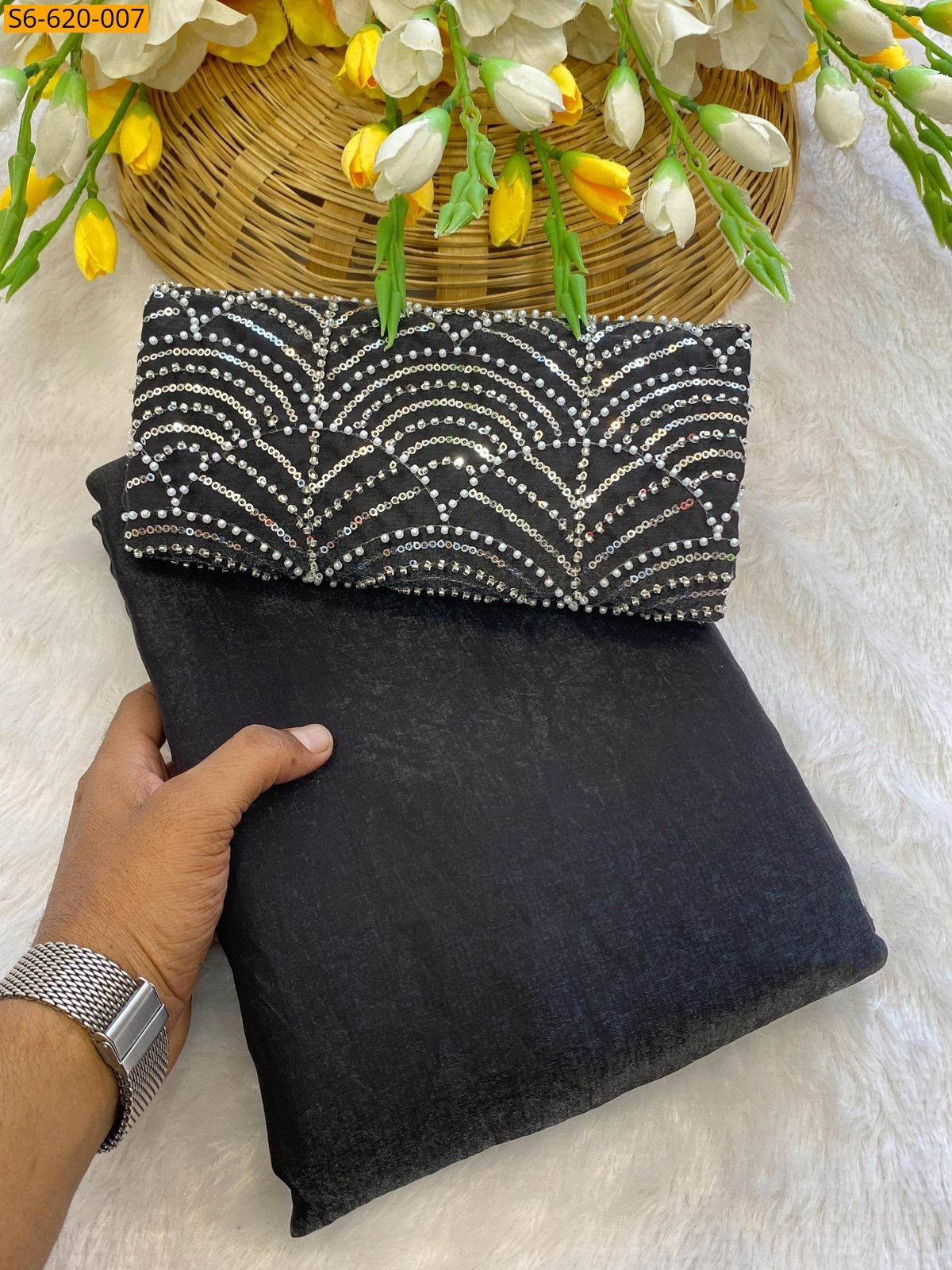 Black Fandy Satin Saree