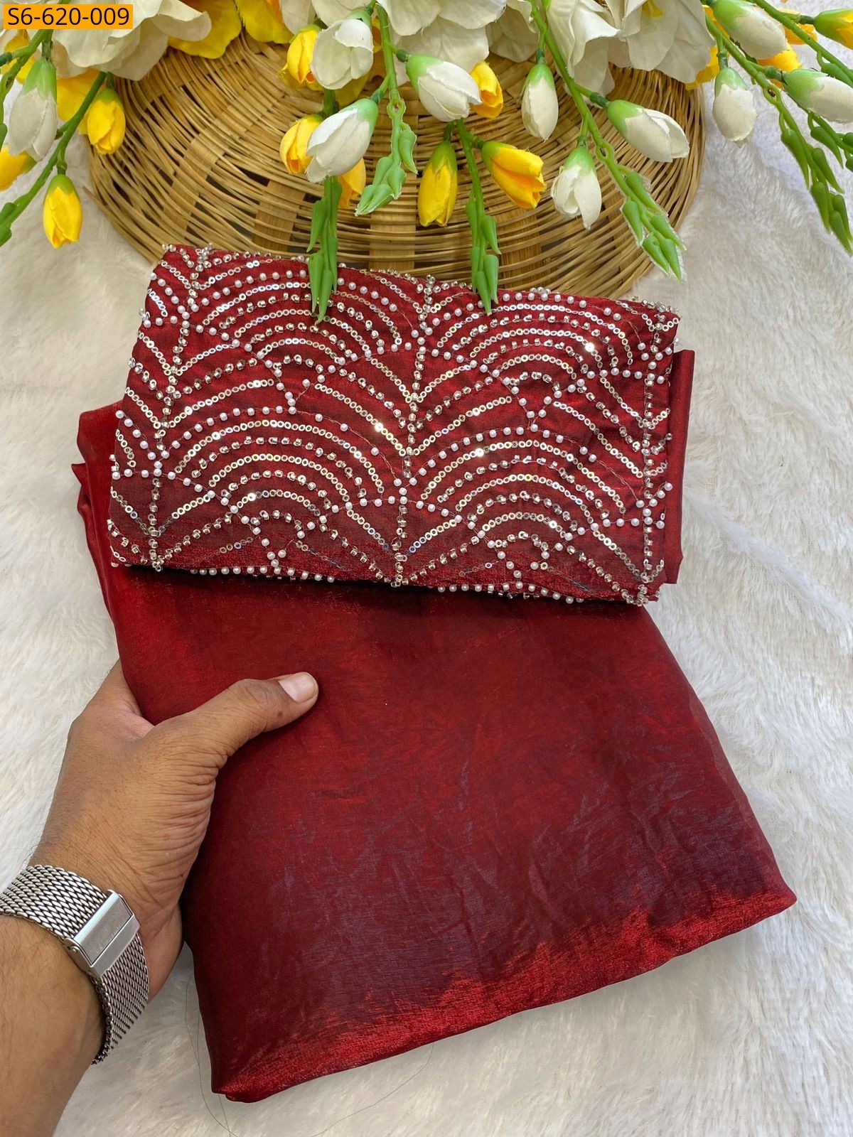 Red Fandy Satin Saree
