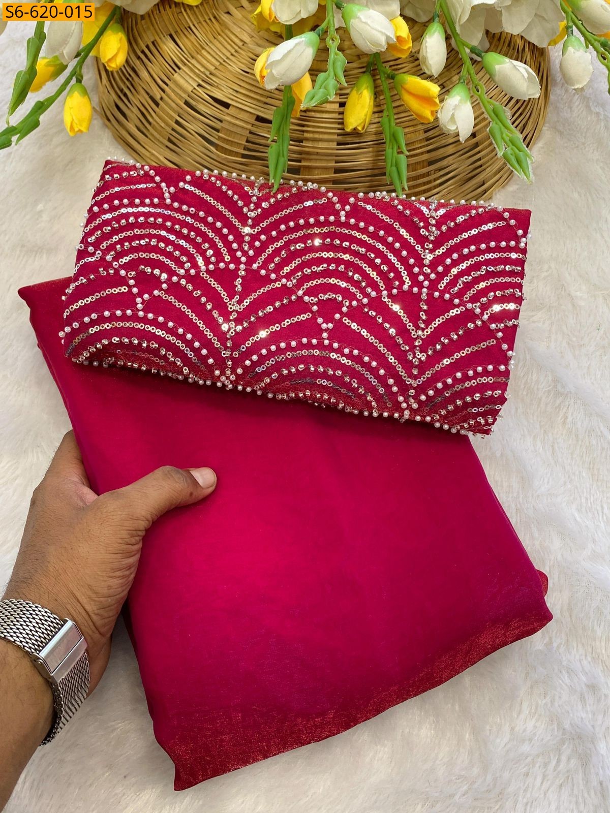 Dark Pink Fandy Satin Saree