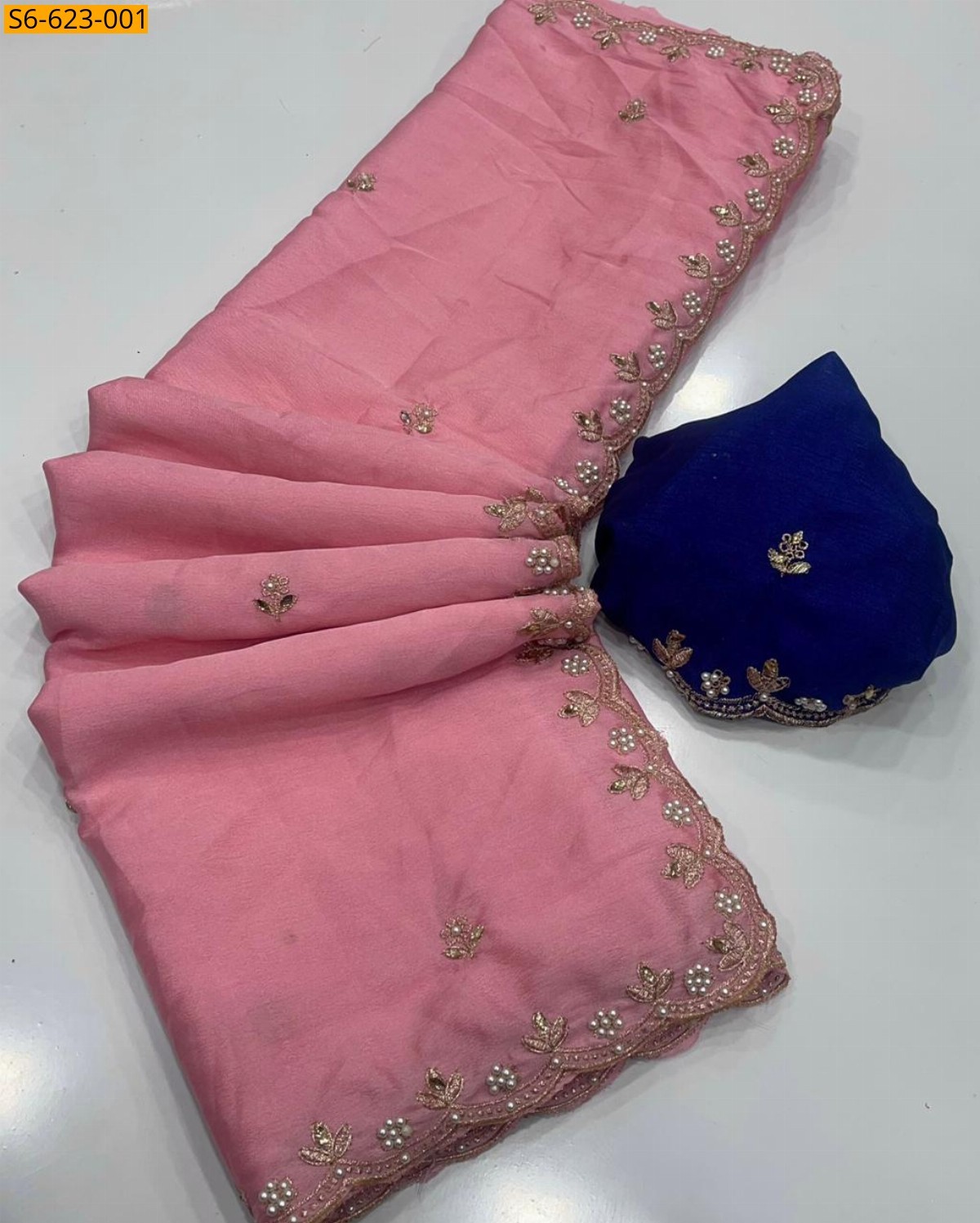 Baby Pink Chinon handwork Saree