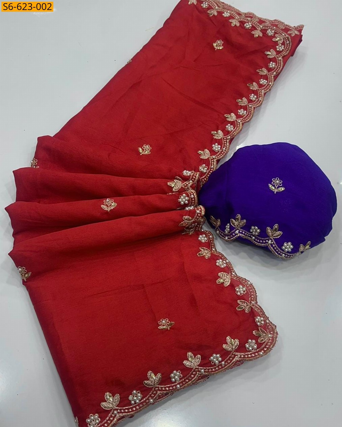 Red Chinon handwork Saree