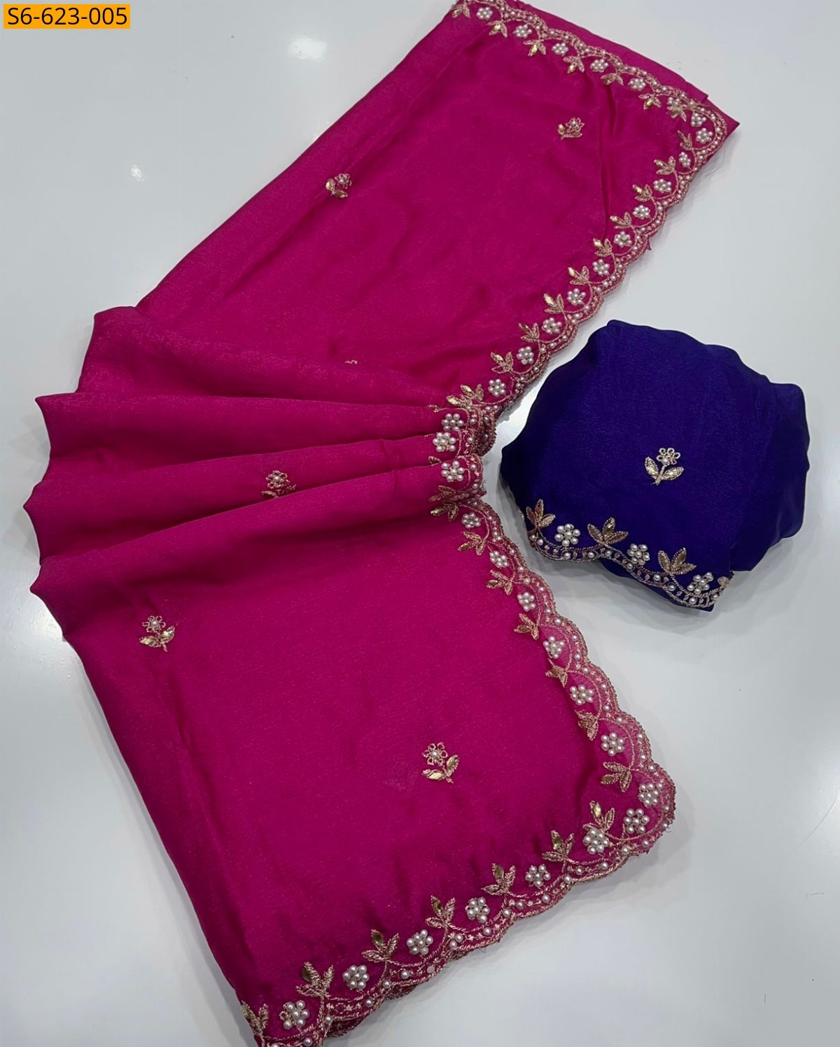 Pink Chinon handwork Saree