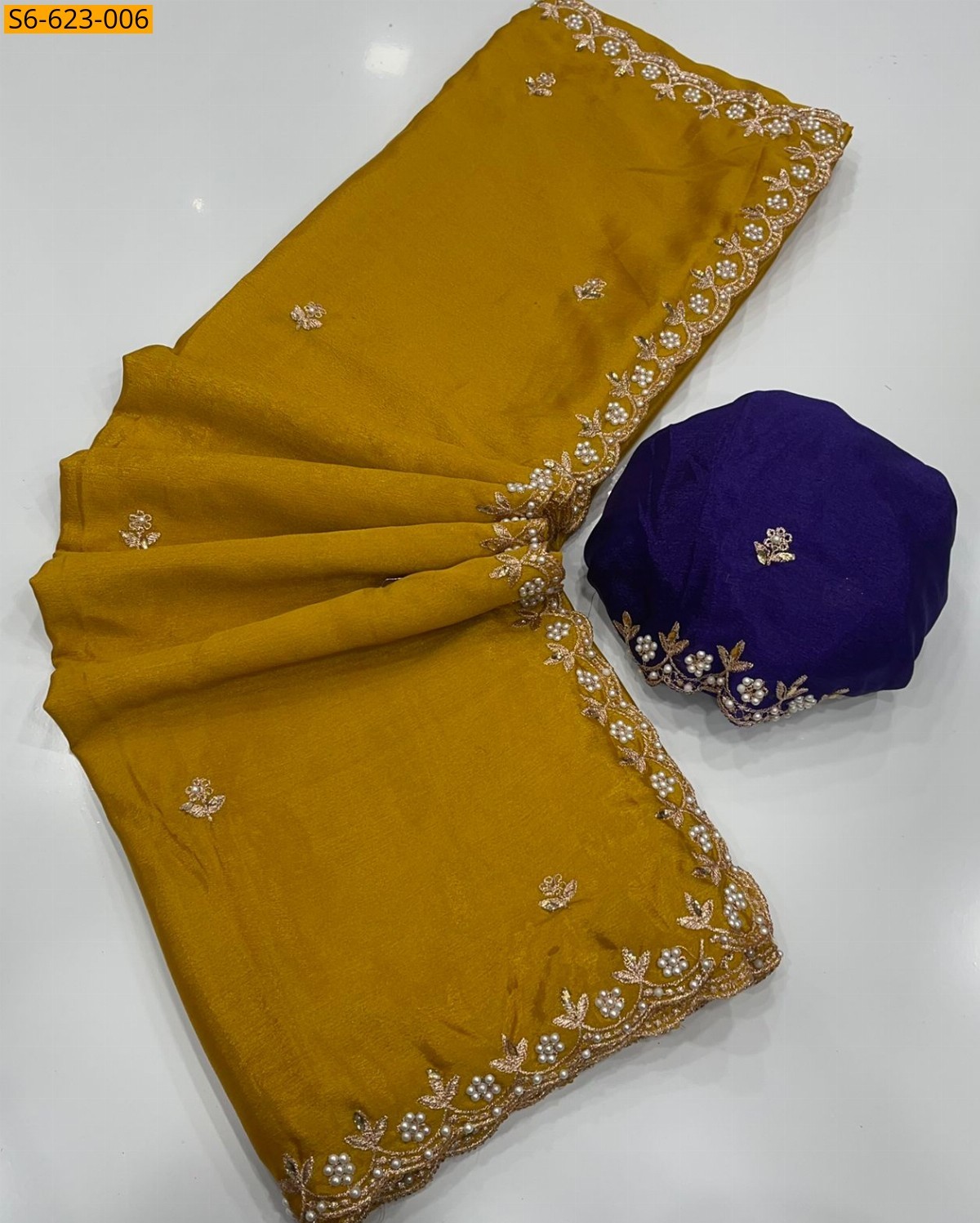Mustard Yellow Chinon handwork Saree