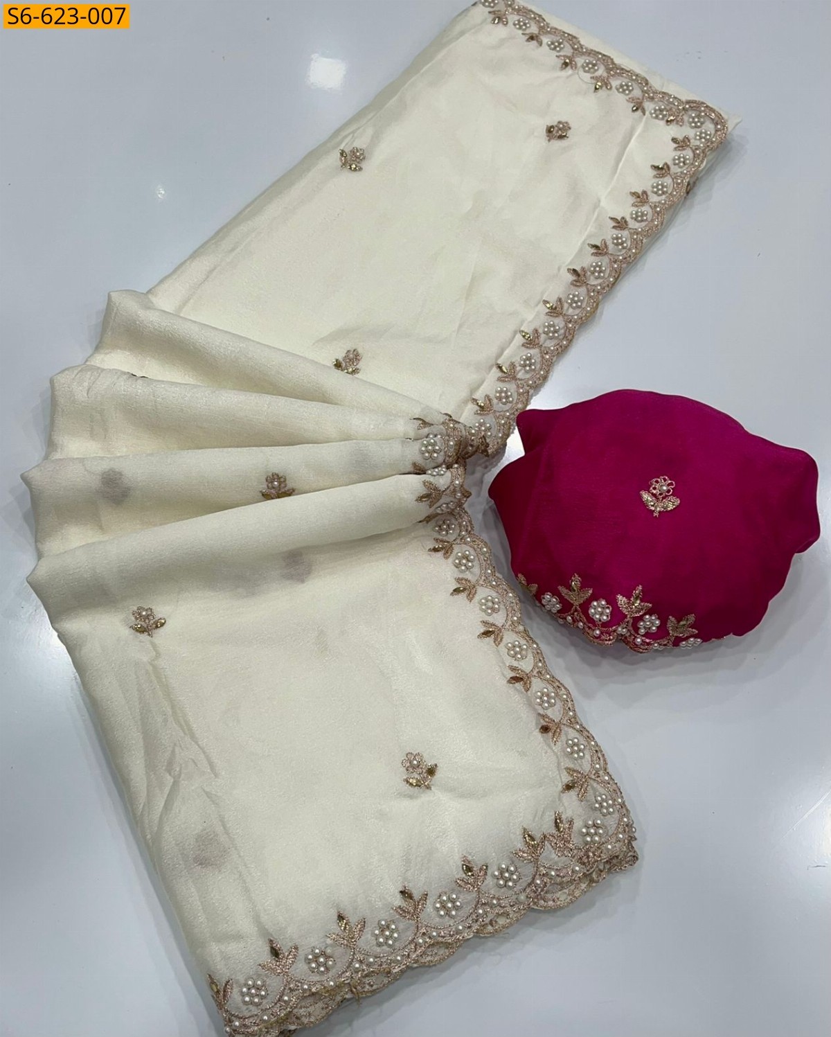 White Chinon handwork Saree