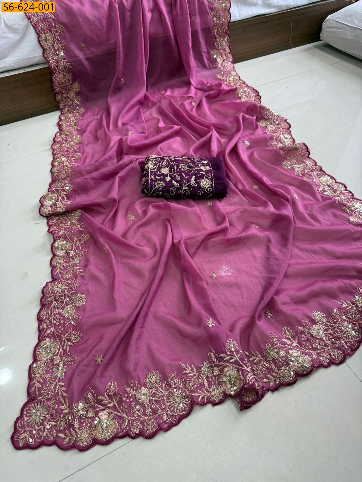 Pink Star Georgette Embroidery saree