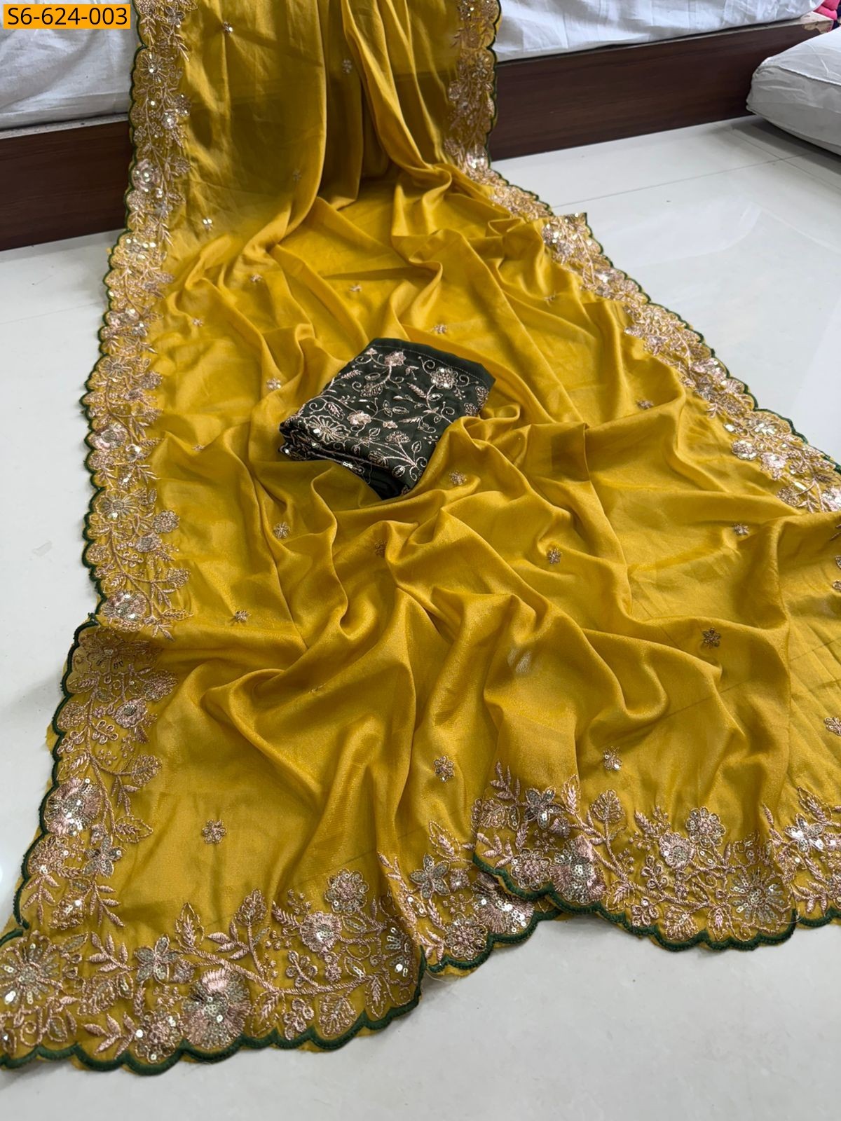 Mustard yellow Star Georgette Embroidery saree