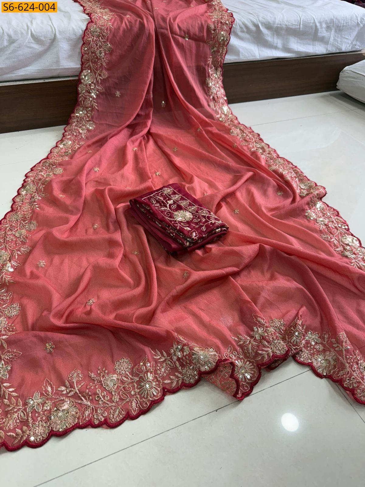 Peach Star Georgette Embroidery saree