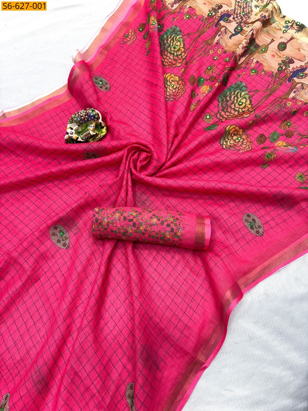 Pink Soft linen mirror work saree