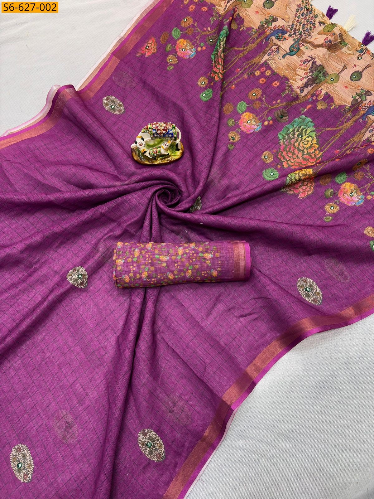 Magenta Soft linen mirror work saree