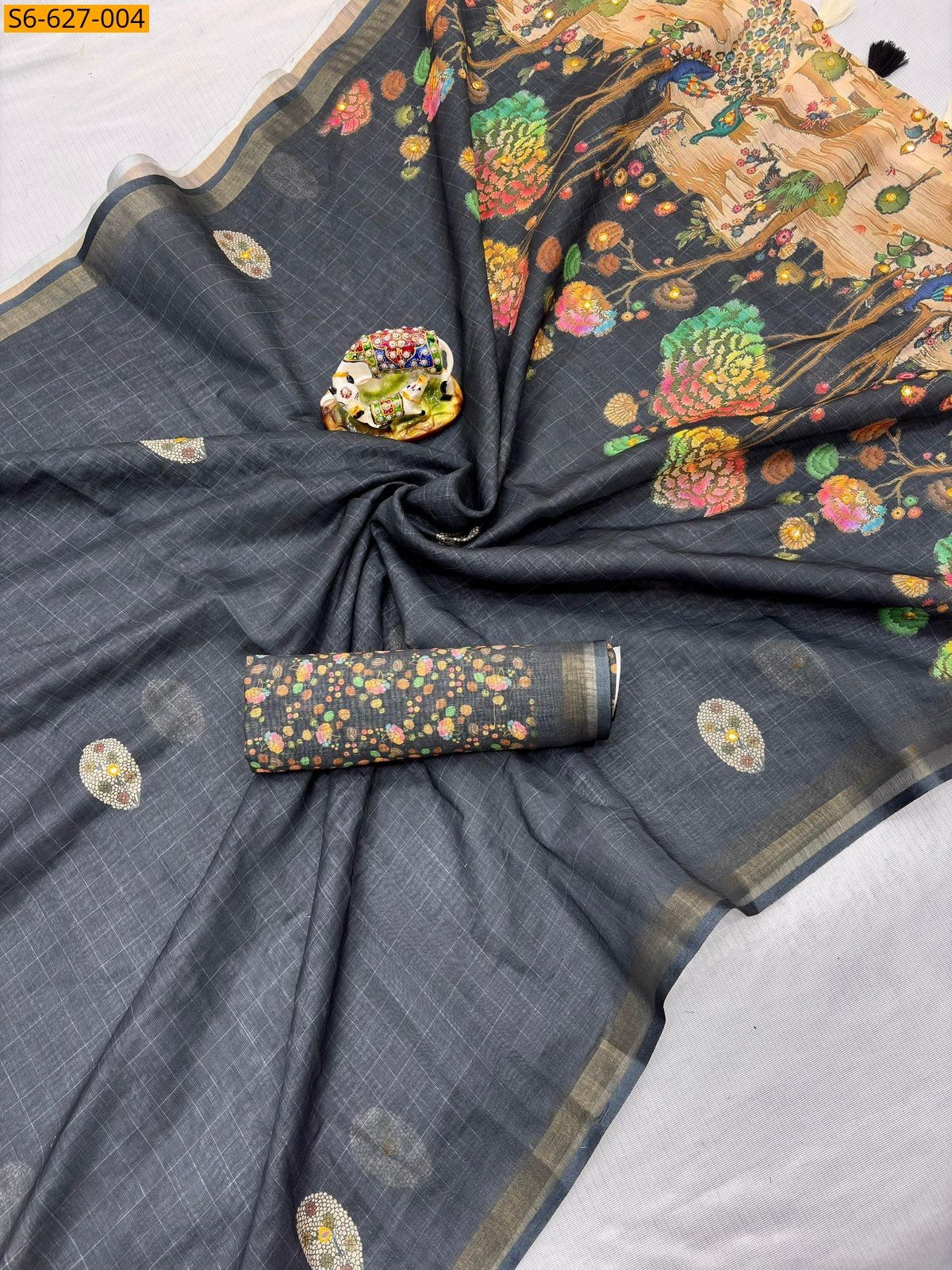 Grey Soft linen mirror work saree