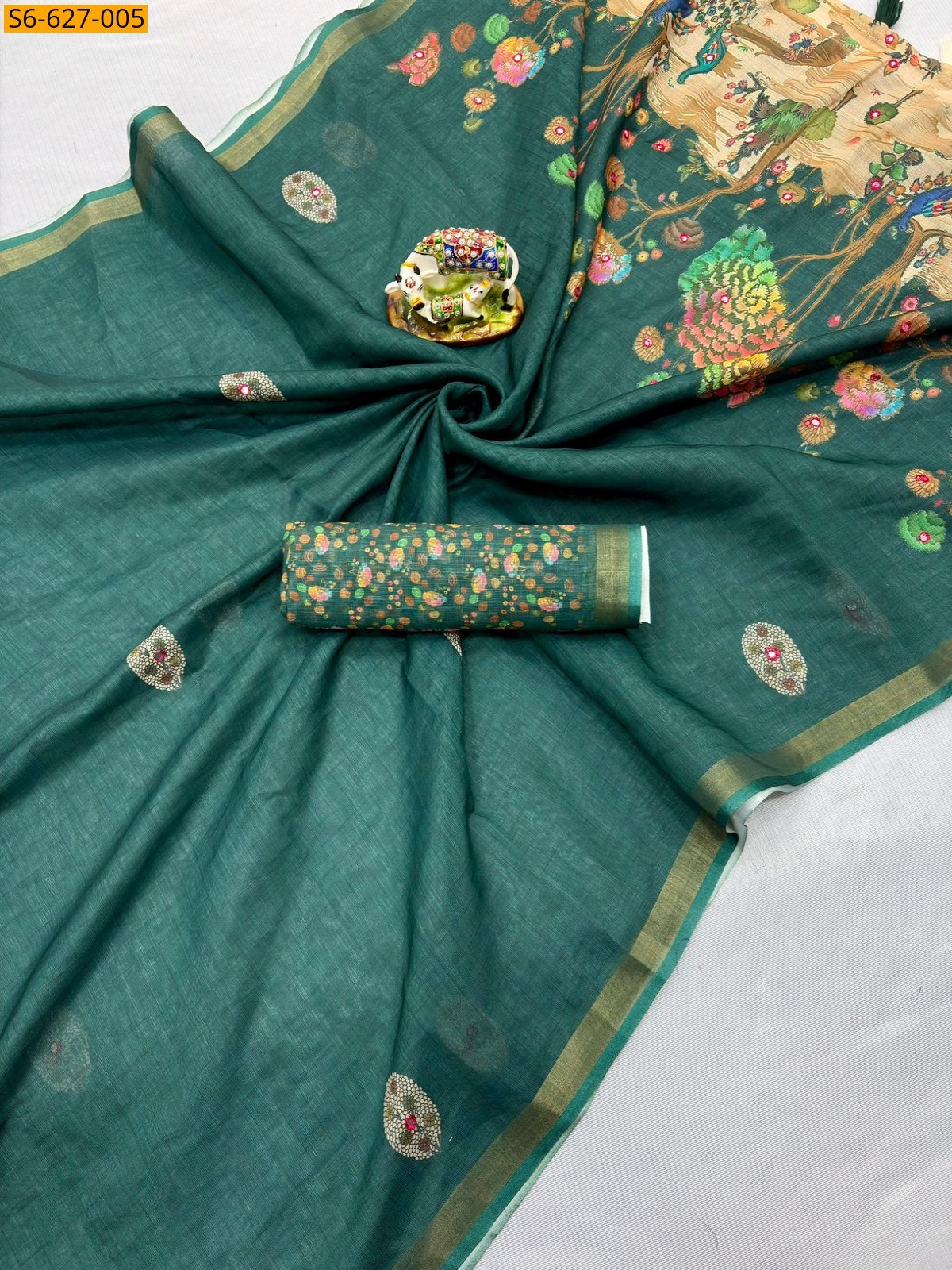 Green Soft linen mirror work saree