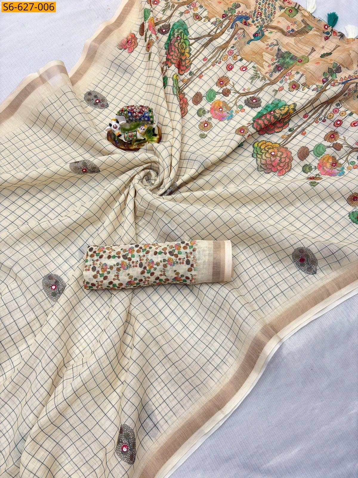 White Soft linen mirror work saree