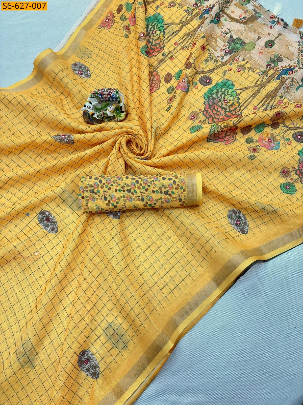 Yellow Soft linen mirror work saree