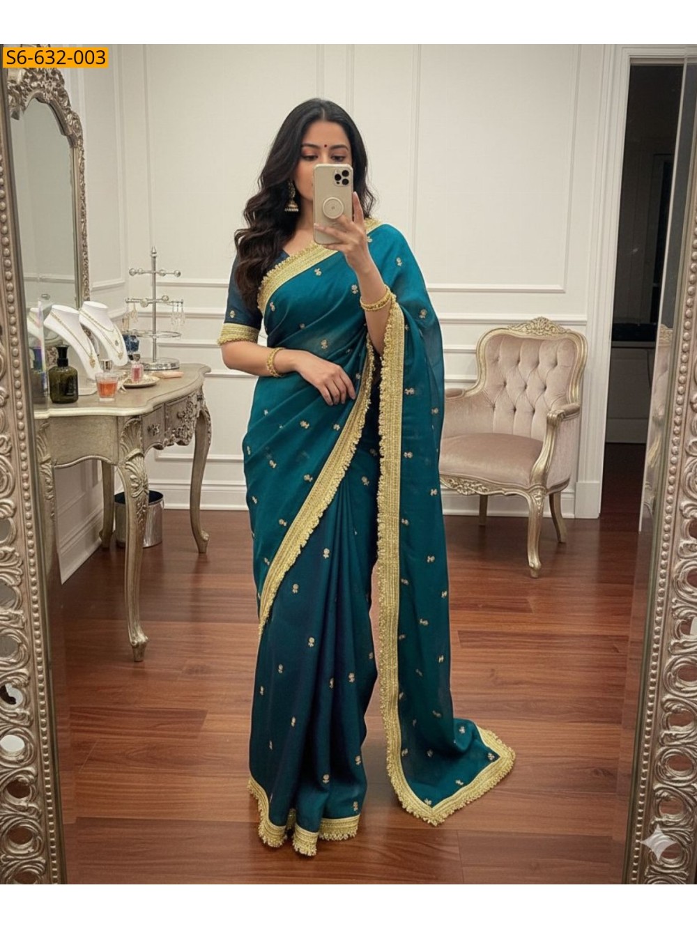 Peacock green Space satin embroidery saree Peacock green Space satin embroidery saree