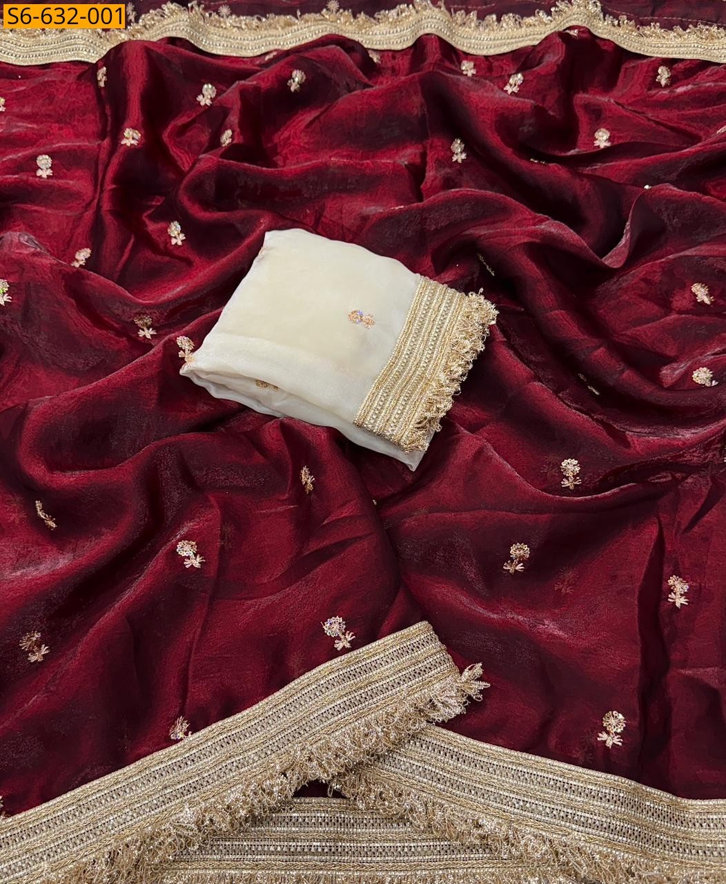 Space satin embroidery saree - Red