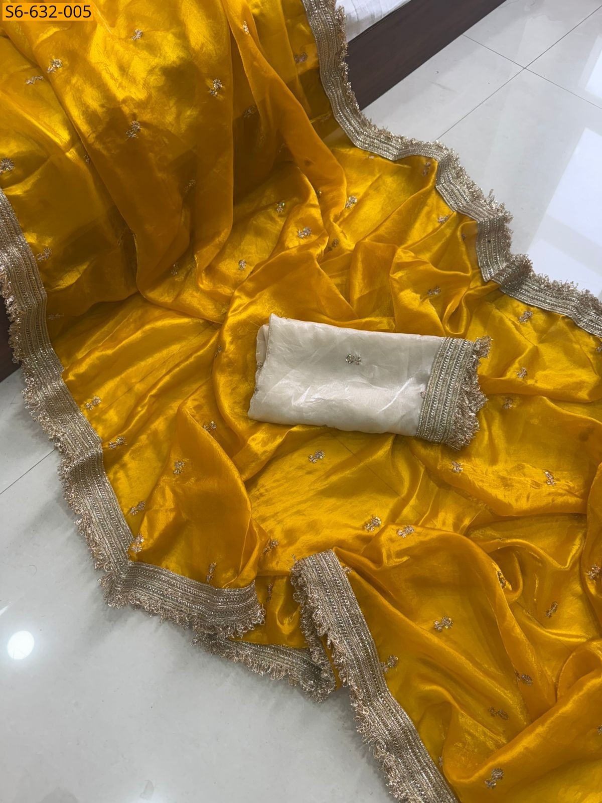 Yellow Space satin embroidery saree