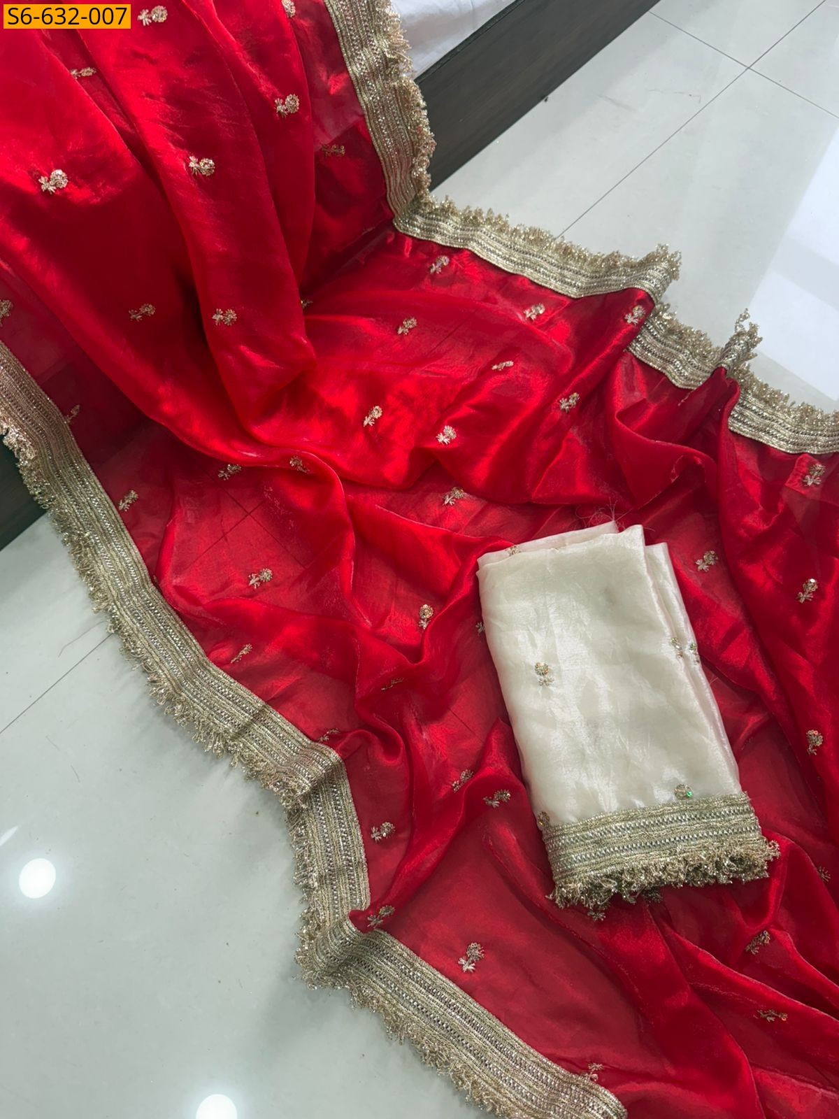 Red Space satin embroidery saree