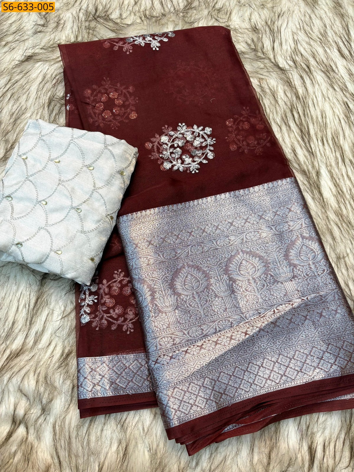 Maroon Kanchipuram organza sequence saree