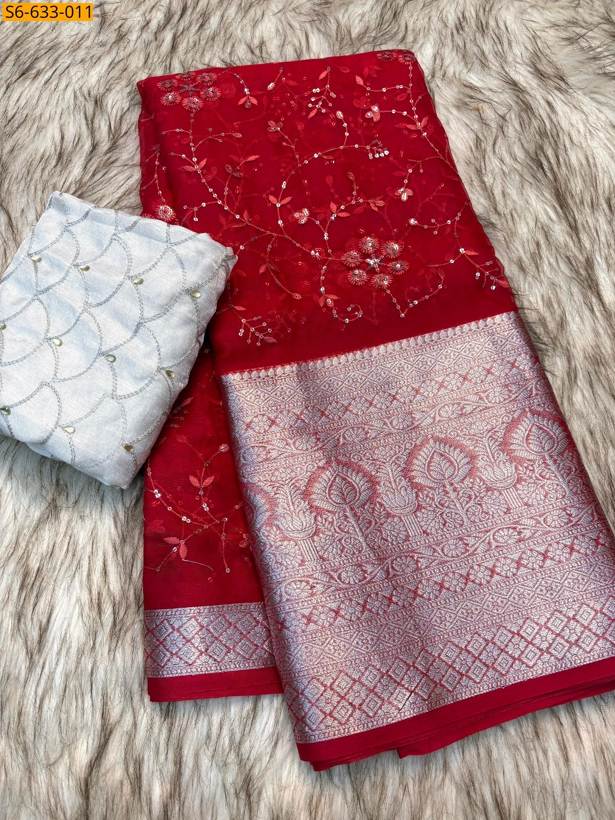 Red Kanchipuram organza sequence saree