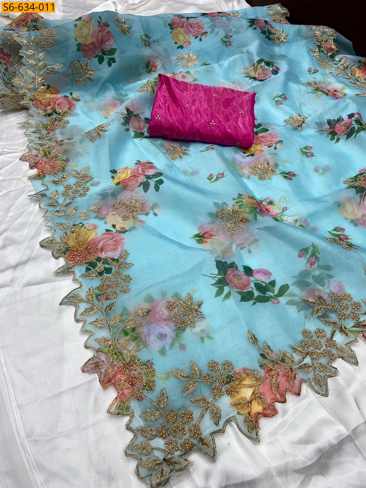 Sky Blue Kanchipuram organza sequence saree