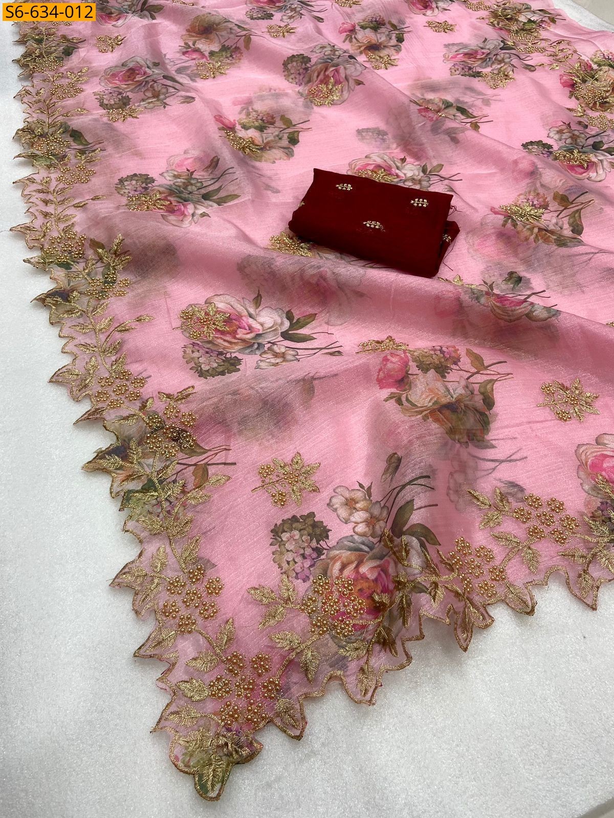 Baby Pink Kanchipuram organza sequence saree