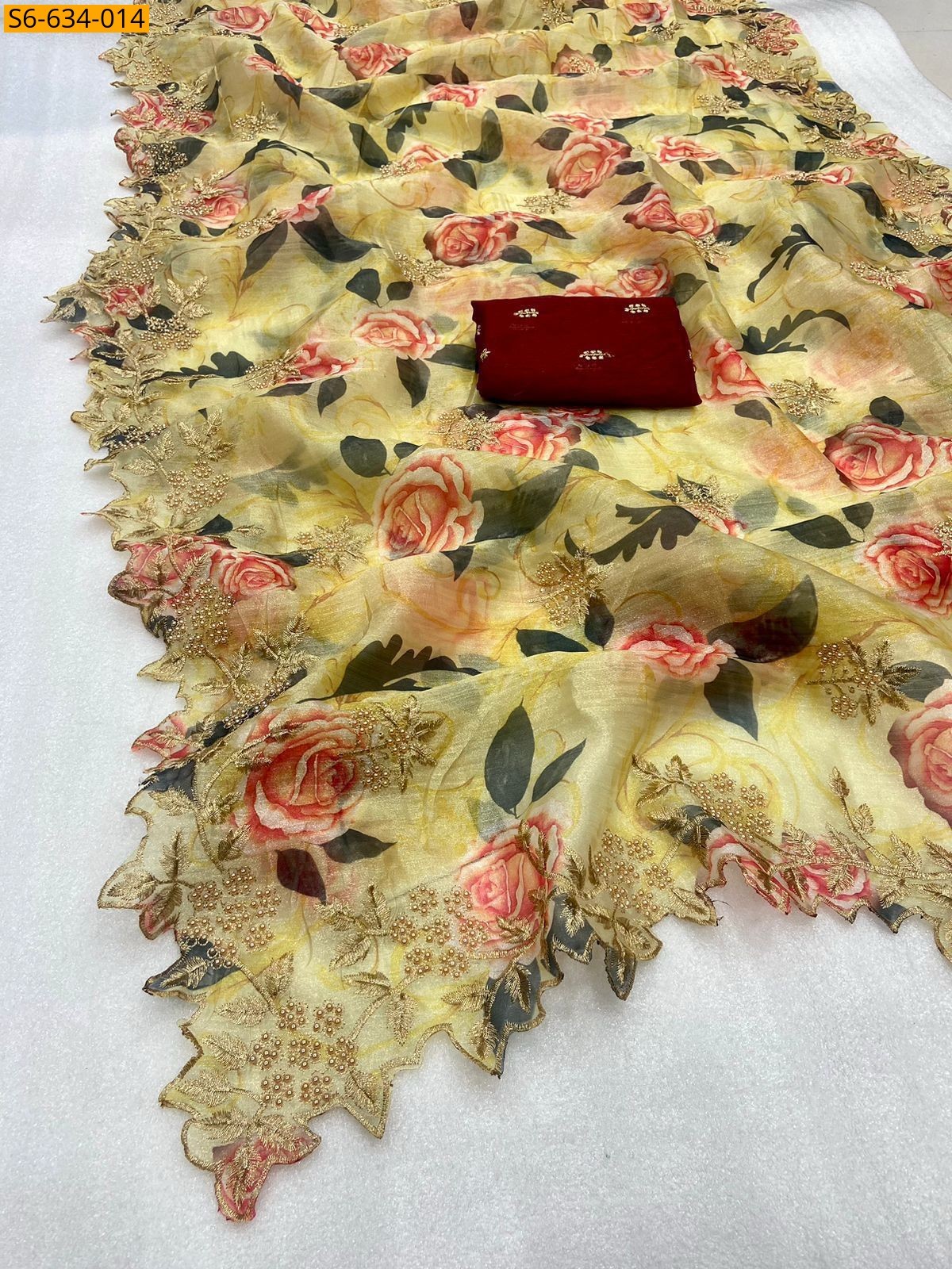 Mustard yellow Kanchipuram organza sequence saree