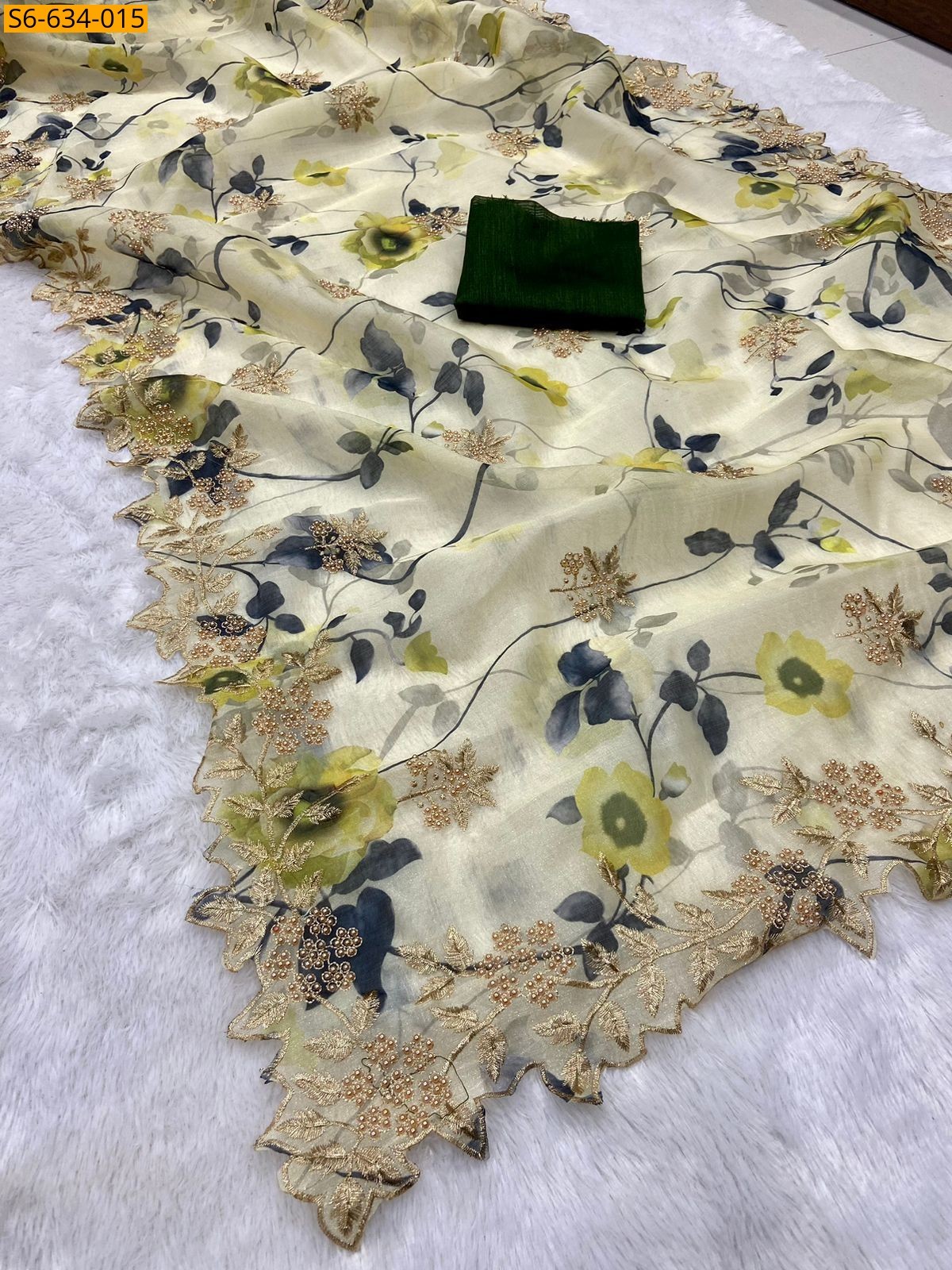 Light yellow Kanchipuram organza sequence saree