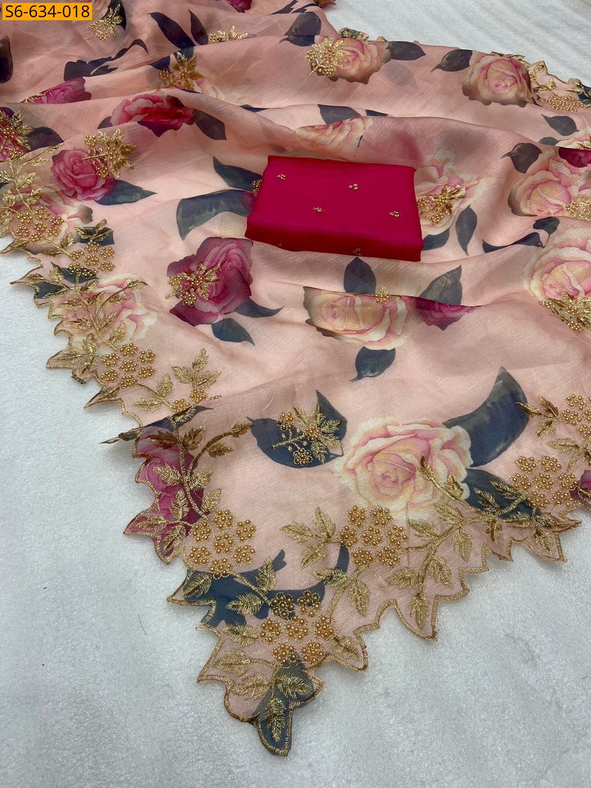 Beige Kanchipuram organza sequence saree