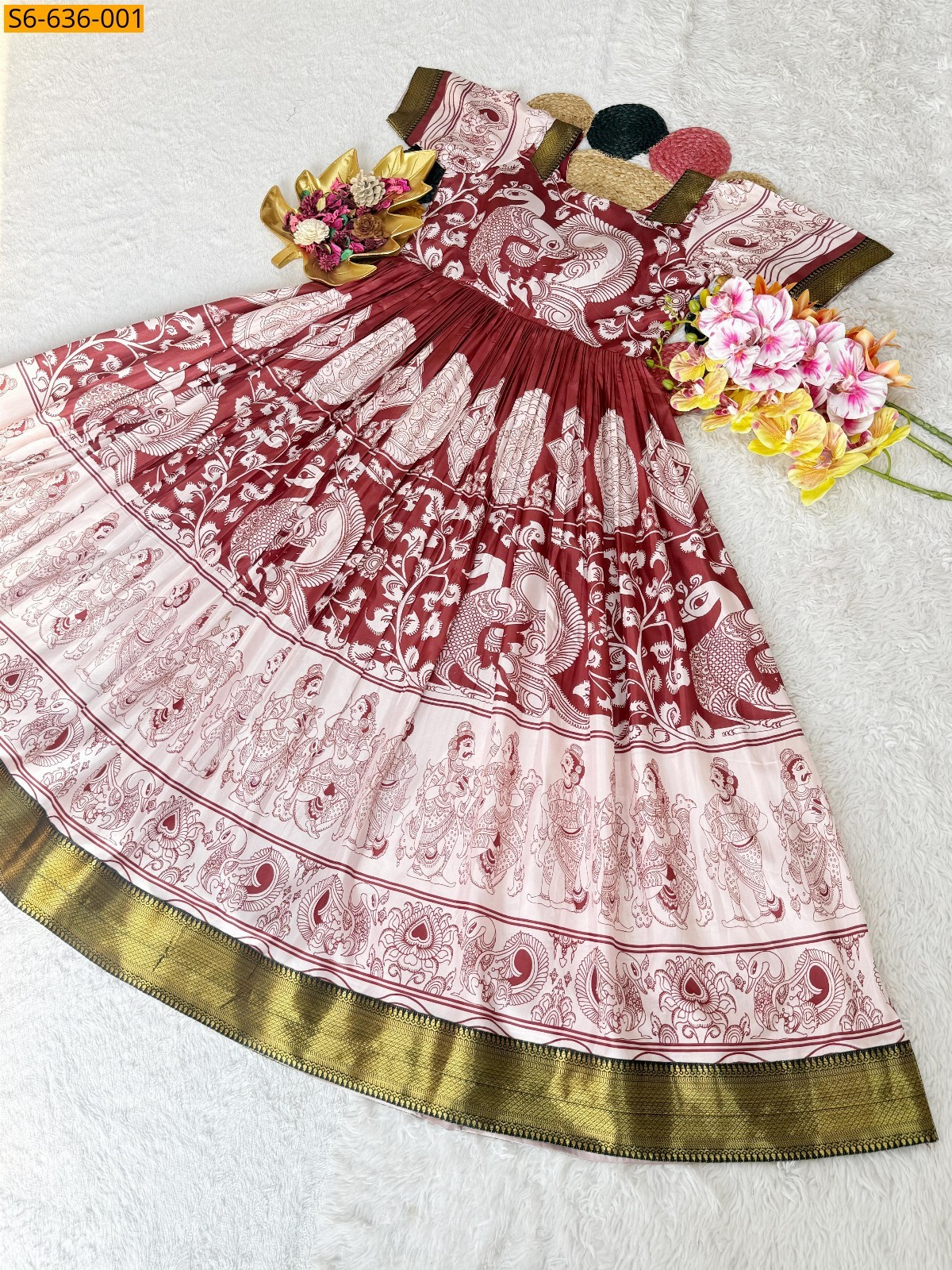Maroon Soft Dola Silk Kalamkari Gown