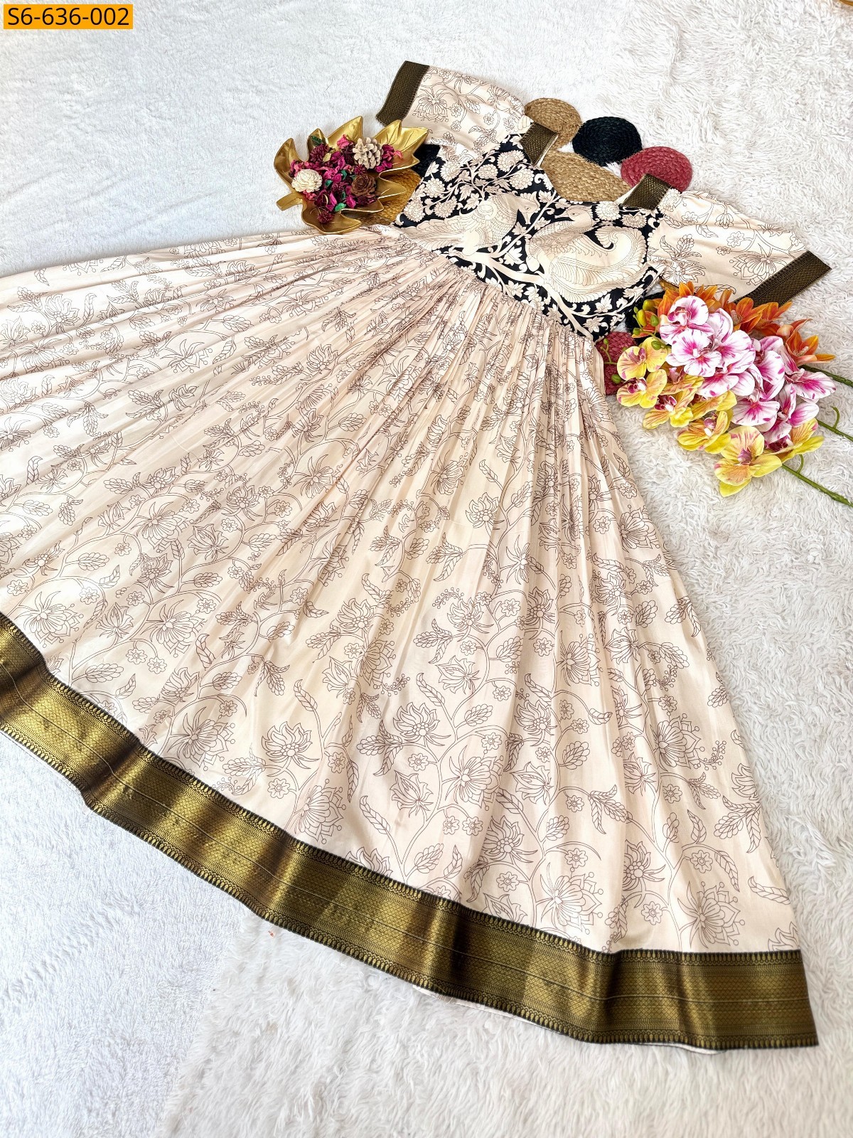 Half White Soft Dola Silk Kalamkari Gown