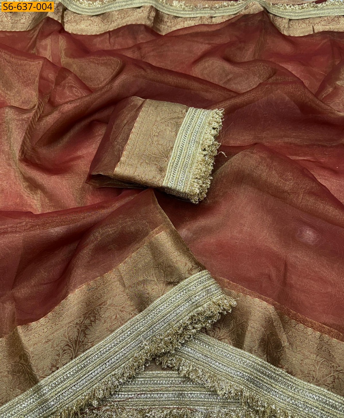 Brown Tissue Orgenza Lace Border Saree