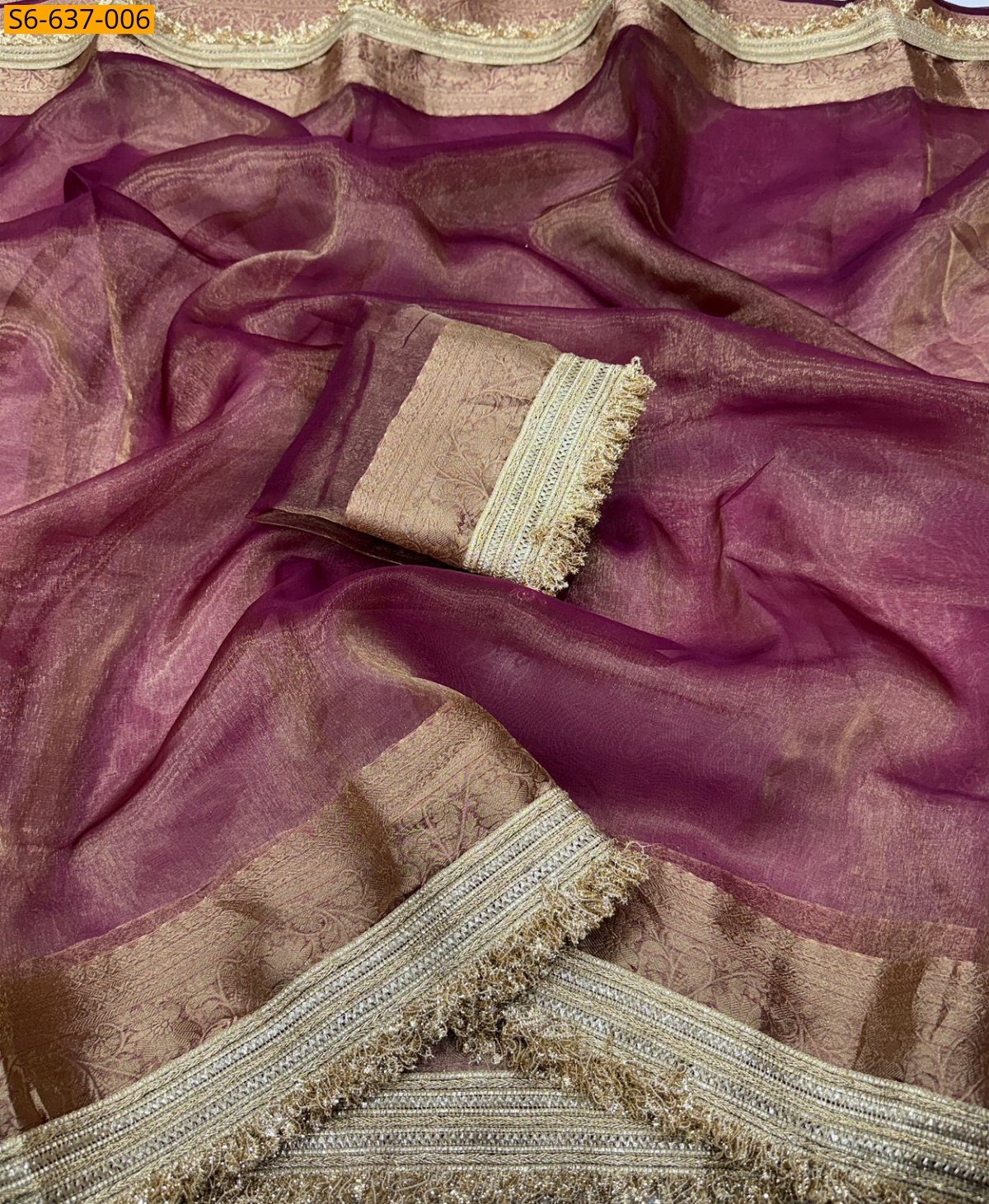 Wine Tissue Orgenza Lace Border Saree