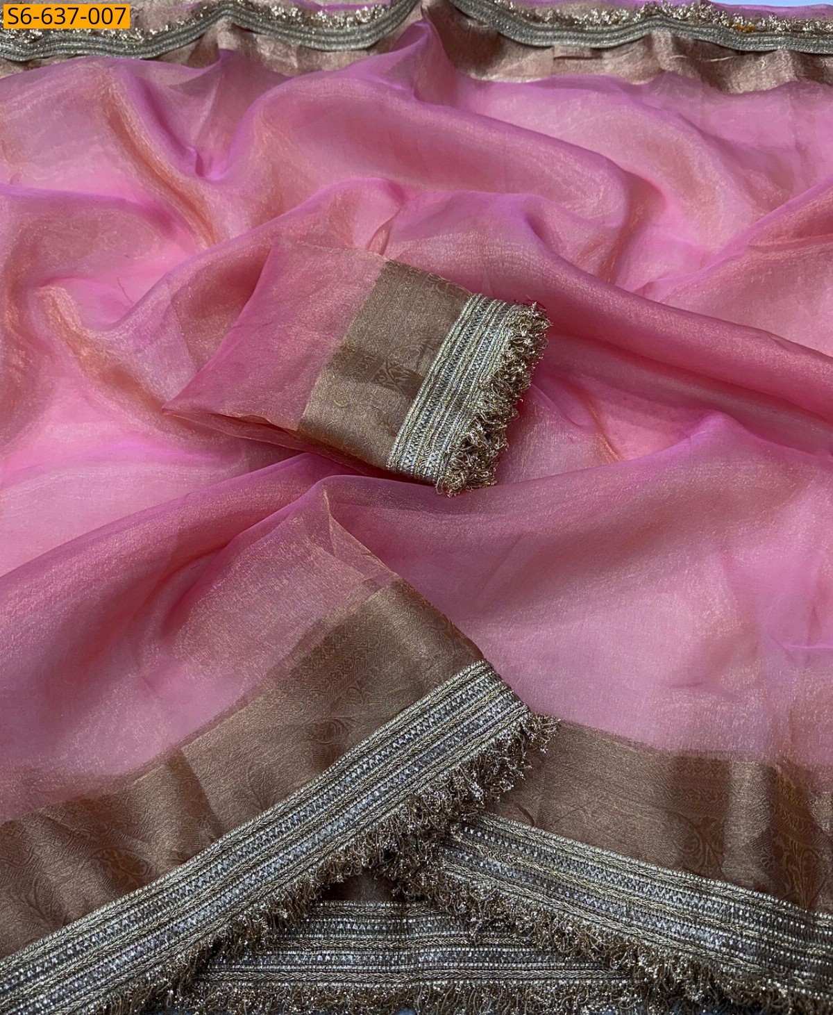 Baby pink Tissue Orgenza Lace Border Saree