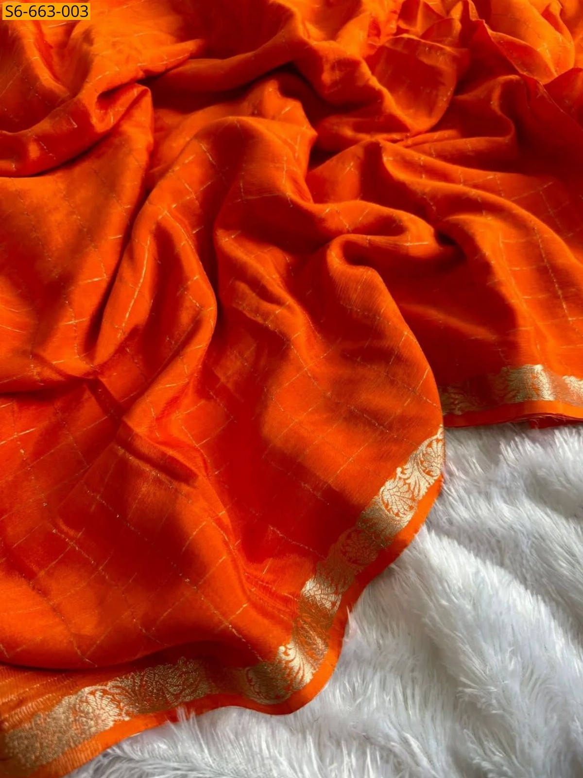 Orange Chinnon Viscose Checks Saree