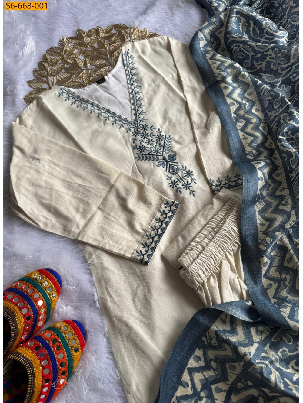 Half White Fancy Khadi Cotton Kurti Bottom Dupatta Half White Fancy Khadi Cotton Kurti Bottom Dupatta