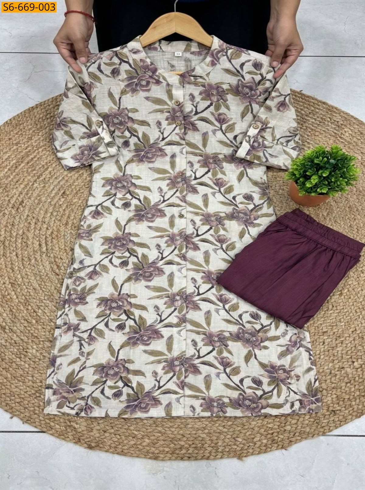 Half White Fancy Bamboo Cotton Co Ord Set